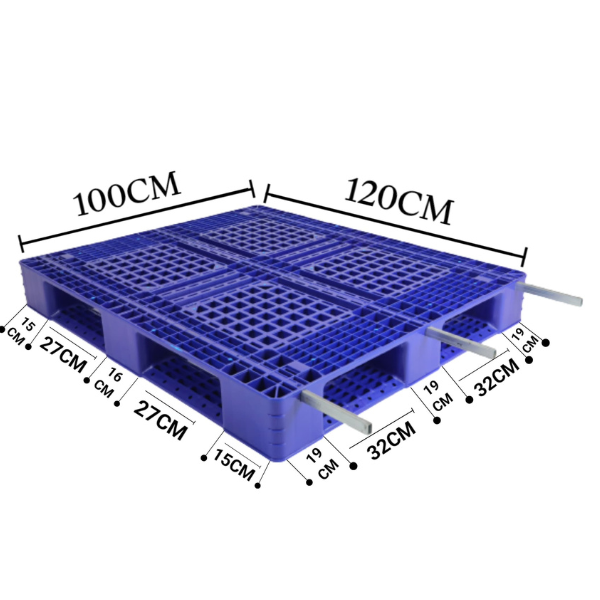 Industrial plastic pallet measurements 100x120cm with support details