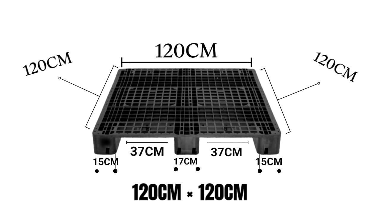 Heavy-duty plastic pallet technical specifications showing 120x120cm dimensions with entry points