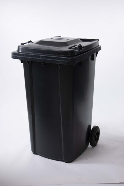 Waste Bin 240 L plastic wheelie bin with hinged lid and two rear wheels, suitable for indoor and outdoor waste collection.