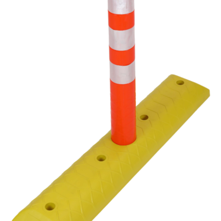 Flexible column with base featuring orange reflective post and yellow rubber speed-bump base with fixing holes for lane separation