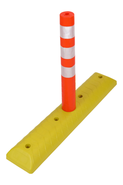 Flexible column with base featuring orange reflective post and yellow rubber speed-bump base with fixing holes for lane separation
