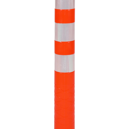 Flexible traffic pole in bright orange with horizontal white reflective bands and round base for ground mounting