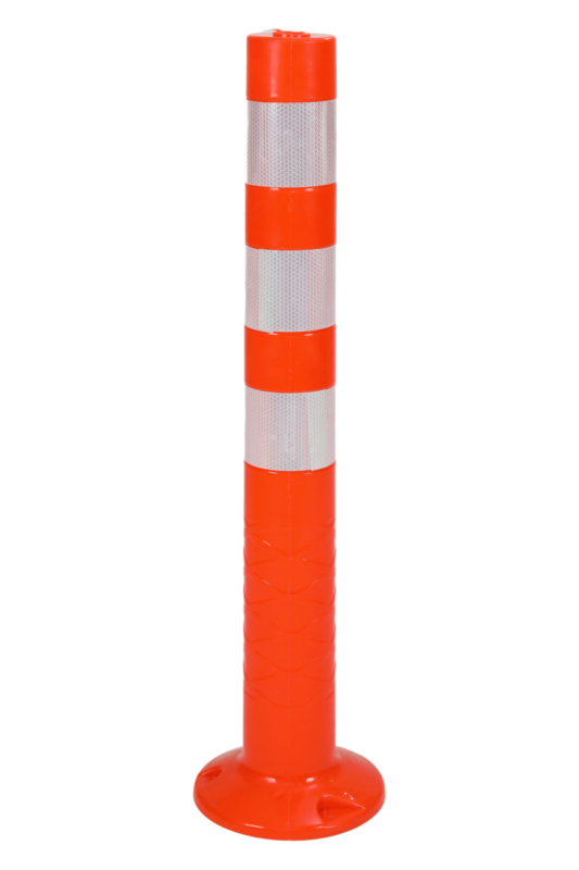Flexible traffic pole in bright orange with horizontal white reflective bands and round base for ground mounting