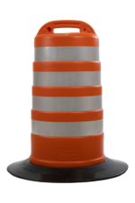 Traffic barrel with rubber base in bright orange with silver reflective bands for high‑visibility work zones.