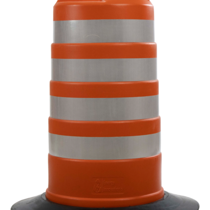 Traffic barrel with rubber base in bright orange with silver reflective bands for high‑visibility work zones.