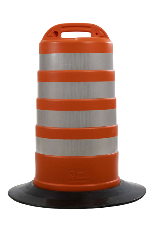 Traffic barrel with rubber base in bright orange with silver reflective bands for high‑visibility work zones.