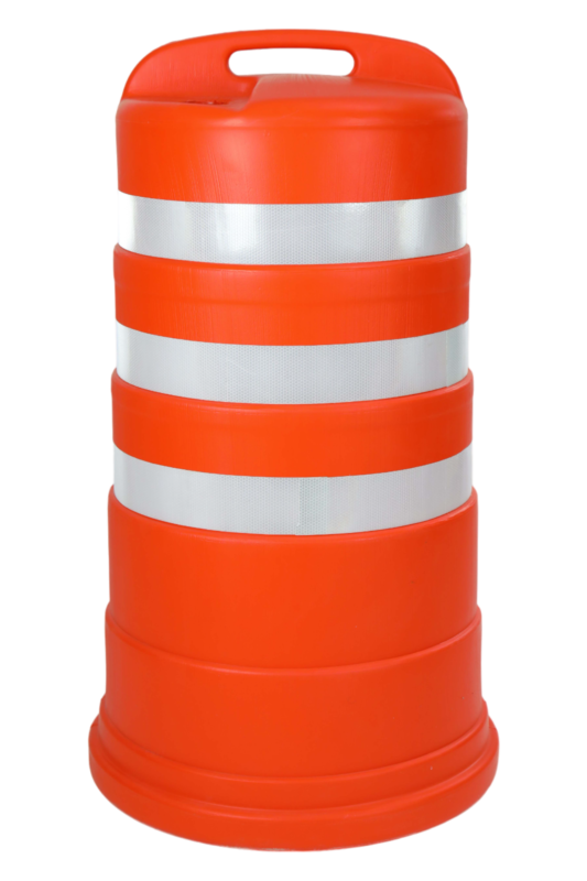 Pure Passage Barrel lightweight orange traffic drum with wide white reflective bands and integrated top handle
