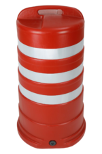 Scrap passage barrel orange traffic drum with three white reflective bands and integrated top handle for guiding vehicles through passages