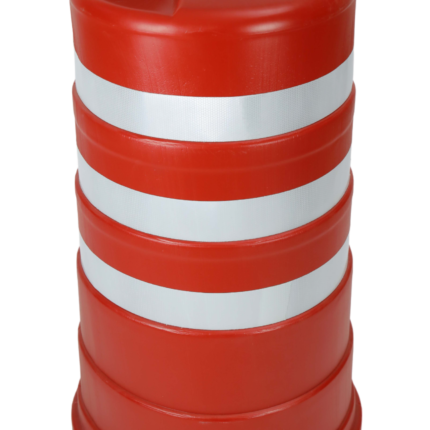 Scrap passage barrel orange traffic drum with three white reflective bands and integrated top handle for guiding vehicles through passages