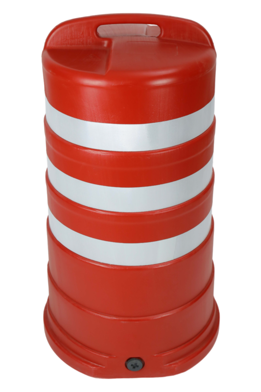 Scrap passage barrel orange traffic drum with three white reflective bands and integrated top handle for guiding vehicles through passages