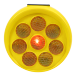 Sunflower solar warning light, round yellow body with eight reflective LED lenses arranged like a sunflower for traffic and safety marking