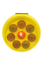 Sunflower solar warning light, round yellow body with eight reflective LED lenses arranged like a sunflower for traffic and safety marking