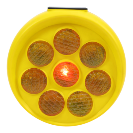 Sunflower solar warning light, round yellow body with eight reflective LED lenses arranged like a sunflower for traffic and safety marking