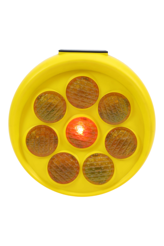 Sunflower solar warning light, round yellow body with eight reflective LED lenses arranged like a sunflower for traffic and safety marking