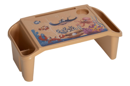 Study Table beige plastic kids lap desk with ocean‑themed top, side storage compartments, and built‑in cup holder