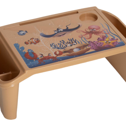 Study Table beige plastic kids lap desk with ocean‑themed top, side storage compartments, and built‑in cup holder