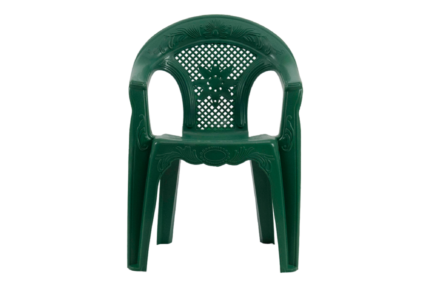 Large children's chair dark green plastic kids armchair with rounded floral backrest and lattice center panel