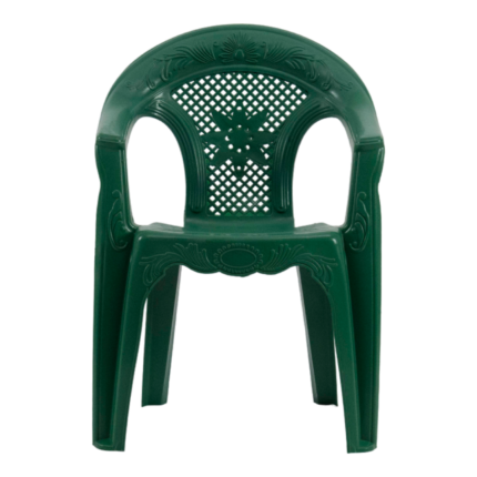 Large children's chair dark green plastic kids armchair with rounded floral backrest and lattice center panel