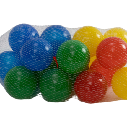 Kids ball set of lightweight plastic play balls in mesh bag, featuring blue, green, red, and yellow colors