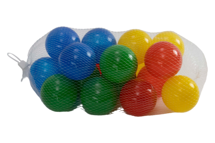 Kids ball set of lightweight plastic play balls in mesh bag, featuring blue, green, red, and yellow colors