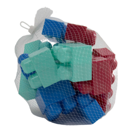 Baby Cubes colorful plastic building blocks set in mesh bag with assorted chunky shapes for toddlers