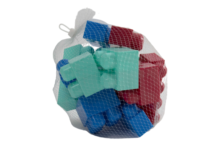 Baby Cubes colorful plastic building blocks set in mesh bag with assorted chunky shapes for toddlers