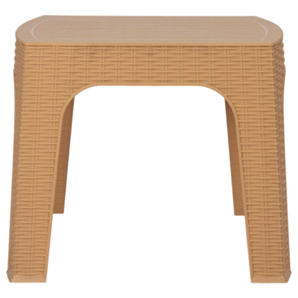 Rattan table in dark brown plastic with slatted top and sturdy legs for outdoor patio and café use
