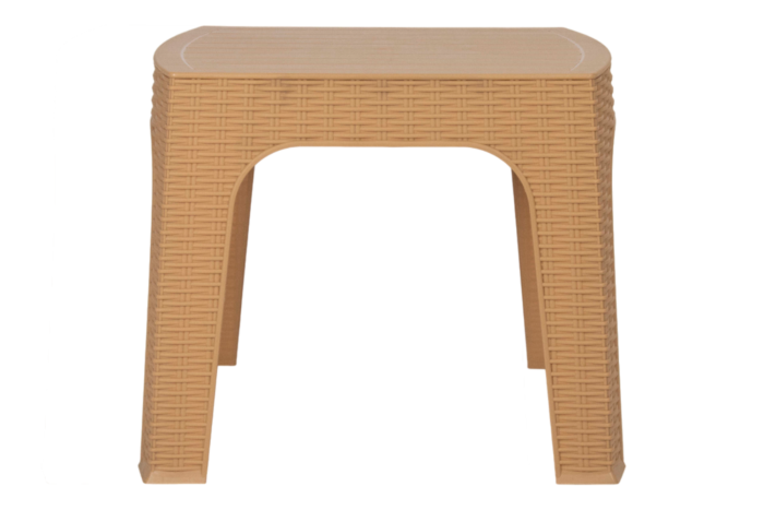Rattan table in dark brown plastic with slatted top and sturdy legs for outdoor patio and café use