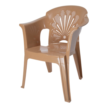 Rose chair in blue polypropylene with decorative ventilated backrest and integrated armrests, stackable for outdoor seating