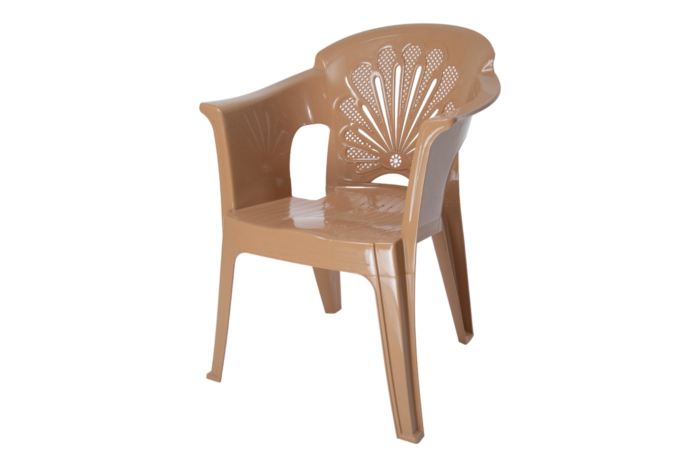 Rose chair in blue polypropylene with decorative ventilated backrest and integrated armrests, stackable for outdoor seating