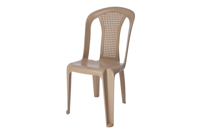 Star chair without handle in light beige plastic with slatted ventilated back and contoured seat for events and garden seating