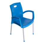Turkish chair with hand in blue polypropylene with metal legs, curved armrests, and top carry hole for indoor and outdoor seating