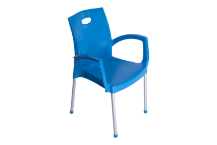 Turkish chair with hand in blue polypropylene with metal legs, curved armrests, and top carry hole for indoor and outdoor seating