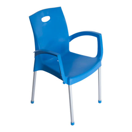 Turkish chair with hand in blue polypropylene with metal legs, curved armrests, and top carry hole for indoor and outdoor seating
