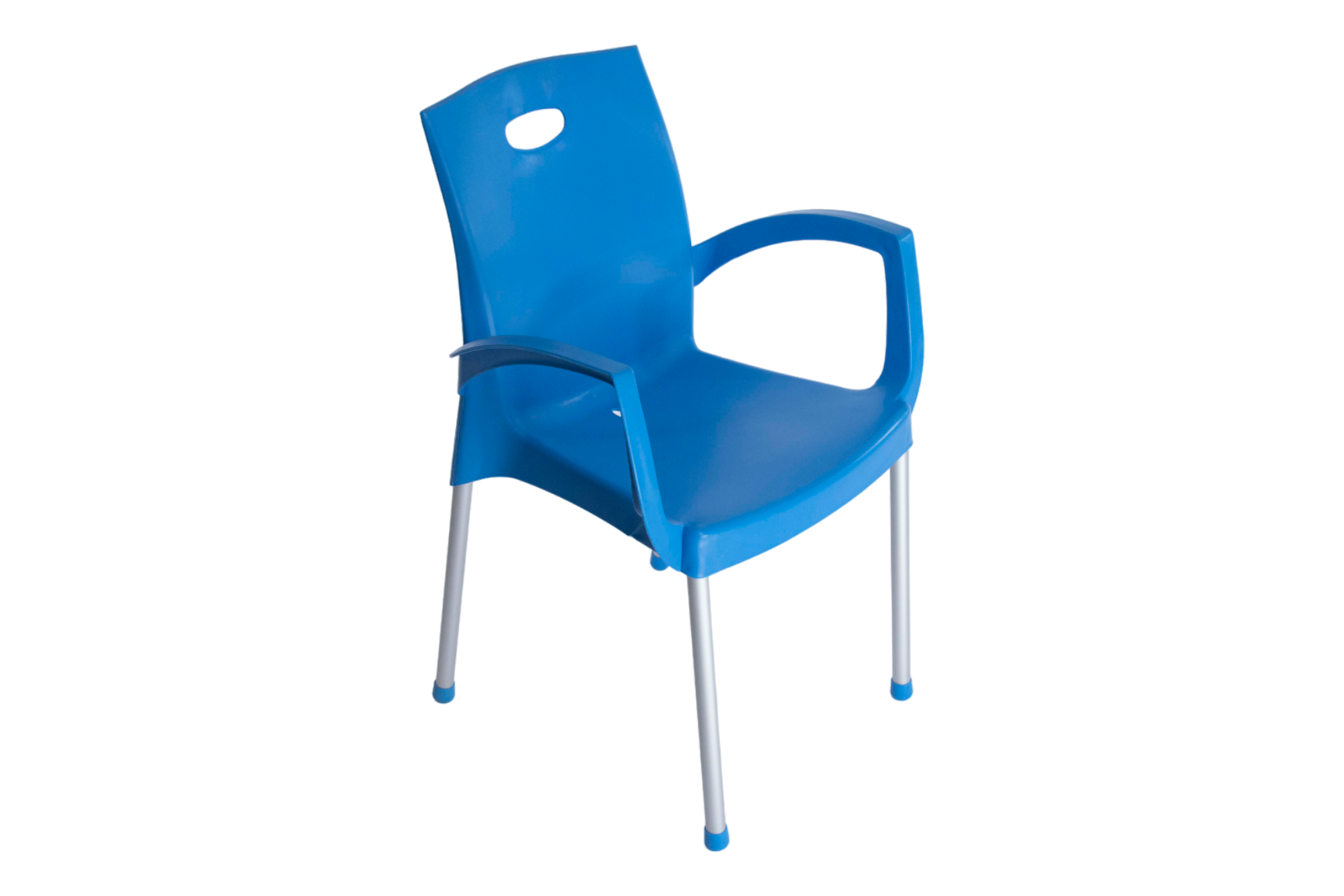 Turkish Chair with Hand – Blue Polypropylene Seat with Metal Legs Turkish chair with hand in blue polypropylene with metal legs, curved armrests, and top carry hole for indoor and outdoor seating