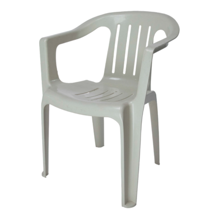 Star chair with handle in light grey plastic, slatted backrest and armrests, stackable for outdoor and indoor seating