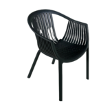 Black woven-look plastic chair with ventilated backrest for outdoor patios, cafés, and garden seating