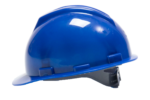 Safety helmet with adjustable rear strap in yellow and blue high‑impact plastic for construction and industrial use.