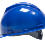 Safety helmet with adjustable rear strap in yellow and blue high‑impact plastic for construction and industrial use.