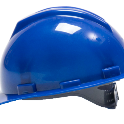 Safety helmet with adjustable rear strap in yellow and blue high‑impact plastic for construction and industrial use.