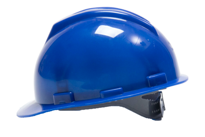 Safety helmet with adjustable rear strap in yellow and blue high‑impact plastic for construction and industrial use.