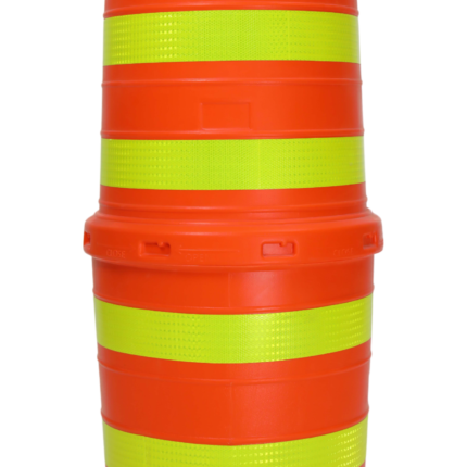 Two-piece passage barrel in bright orange with high‑visibility yellow reflective bands and top carry handle, designed for quick assembly