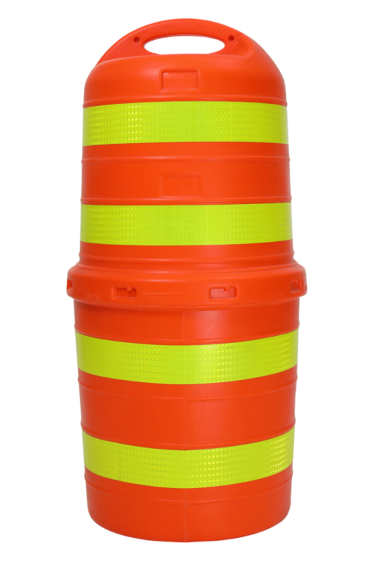 Two-piece passage barrel in bright orange with high‑visibility yellow reflective bands and top carry handle, designed for quick assembly
