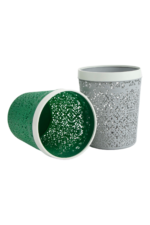 Decorative waste basket with cut‑out floral pattern in green and grey colours, finished with a white rim for home or office use