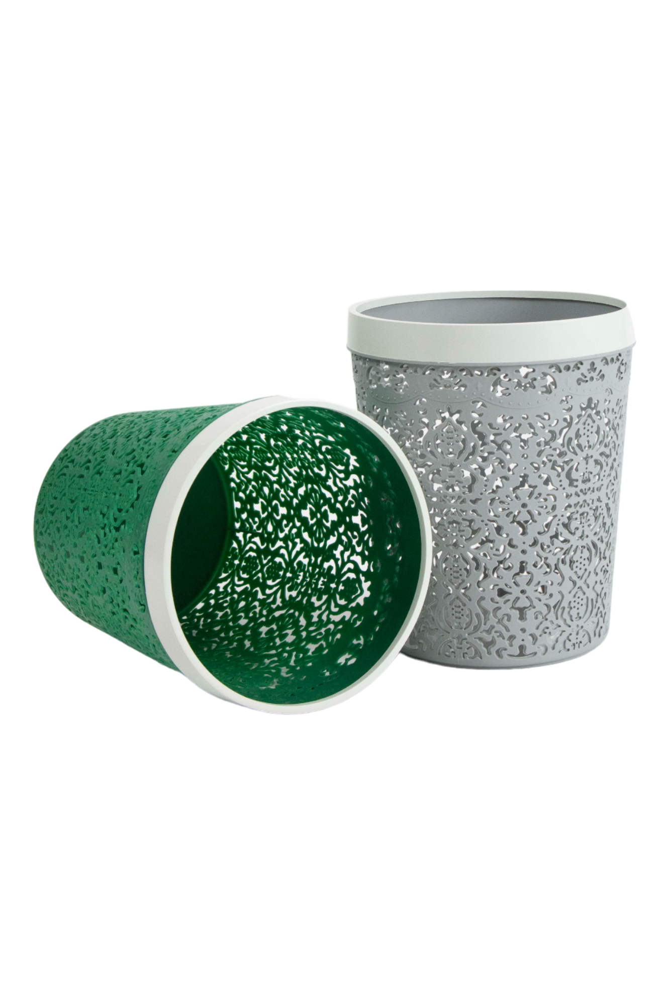Decorative Waste Basket – Perforated Floral Desktop Bin Decorative waste basket with cut‑out floral pattern in green and grey colours, finished with a white rim for home or office use