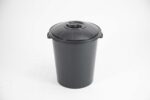 dustbin 55-liter black plastic bin with domed lid, integrated top hand grip, and side carry handles.