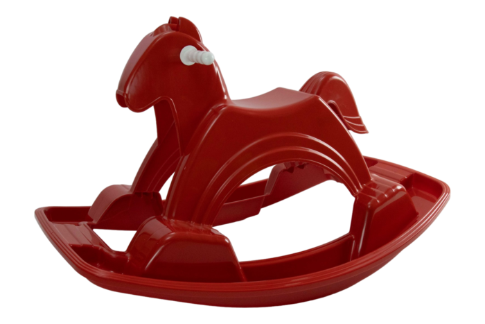 Rocking Horse red plastic ride‑on toy with wide curved base and white hand grips for toddlers