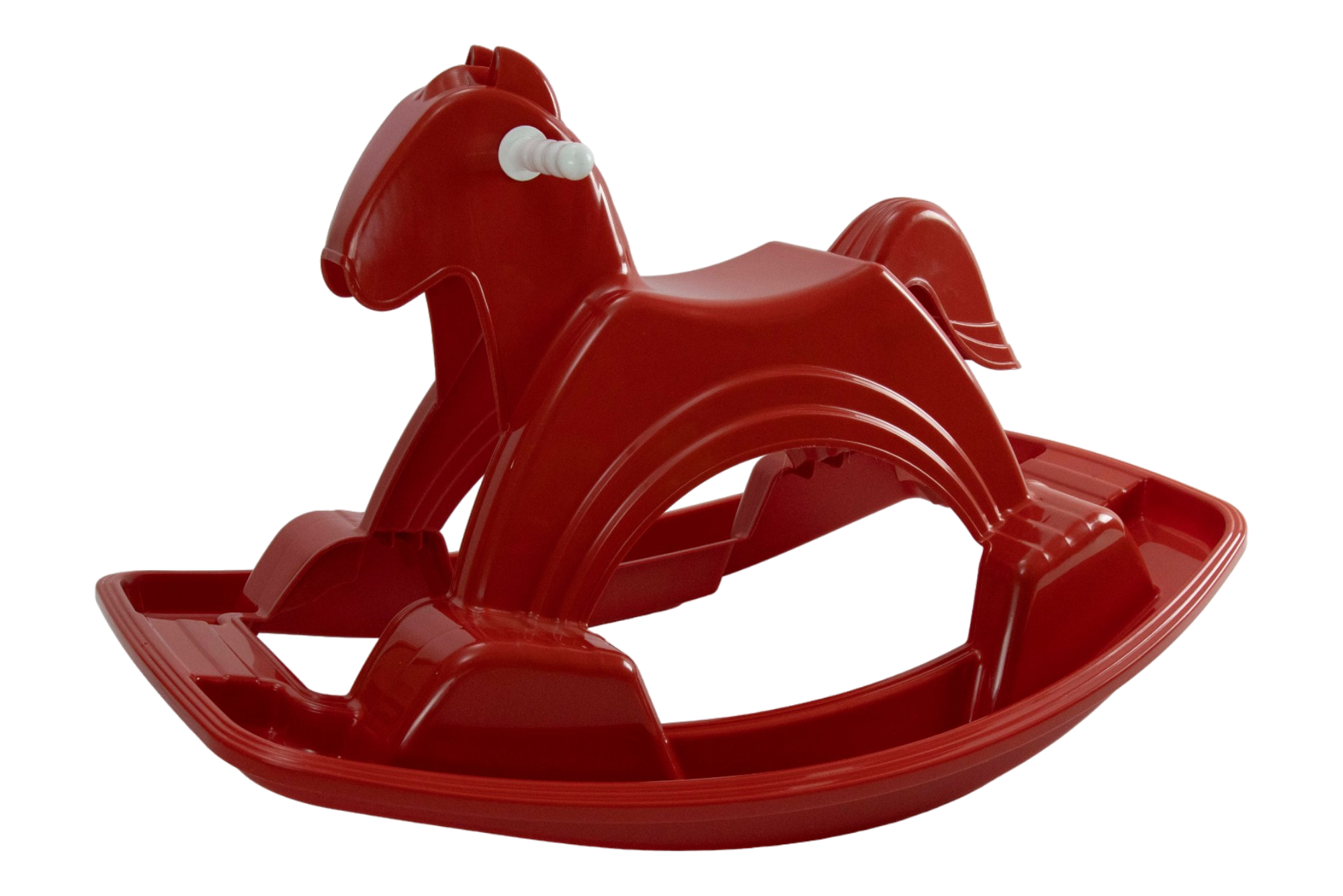 Rocking Horse – Red Plastic Toddler Rocker Rocking Horse red plastic ride‑on toy with wide curved base and white hand grips for toddlers