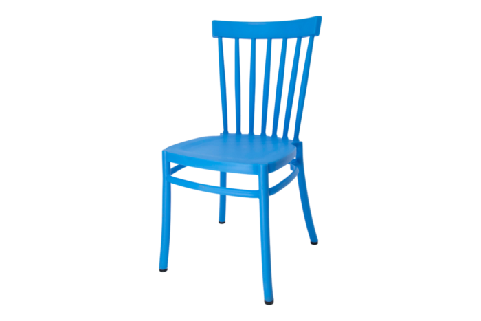 Bamboo party Chairs in blue plastic with slim spindle backrest and sturdy seat, ideal for events, cafés, and outdoor parties