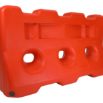 Orange ROAD BARRIER 150 CM plastic water-fill barrier with three round lower openings and interlocking top profile